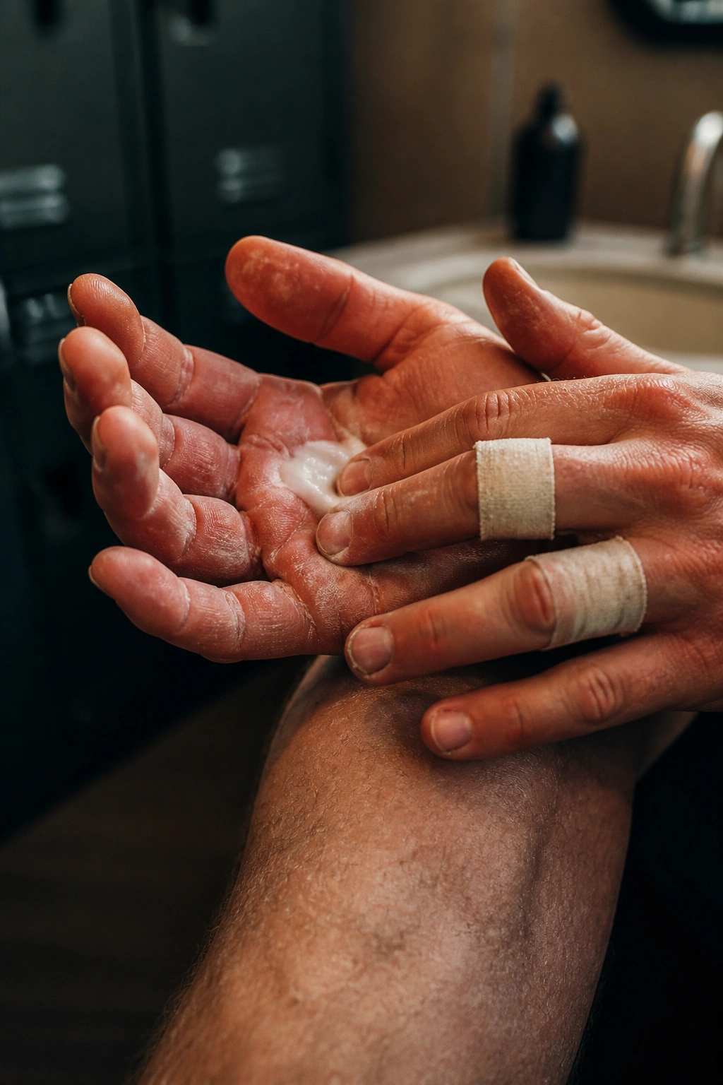Close-up of hands with calluses applying hand cream