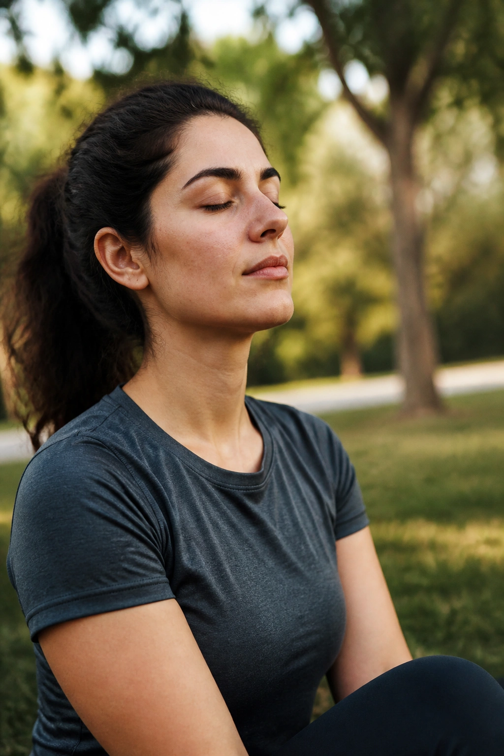 Portrait of a person practicing calm breathing outdoors.