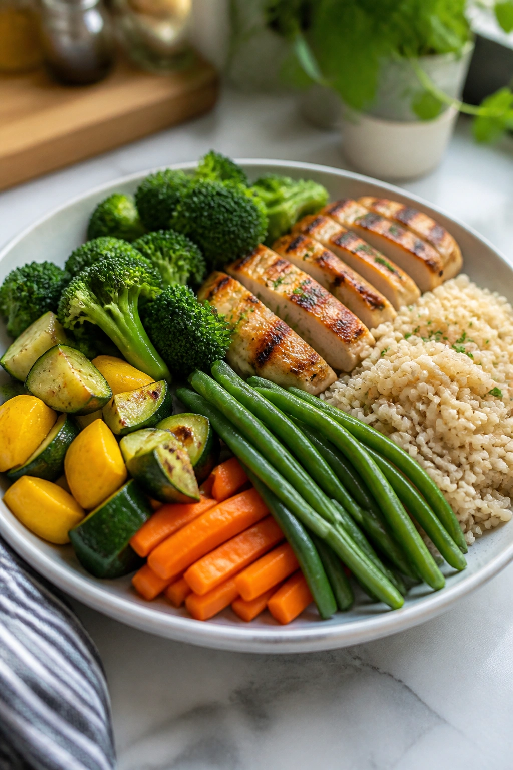 Plate piled with vegetables, lean protein, and starch in a bright kitchen