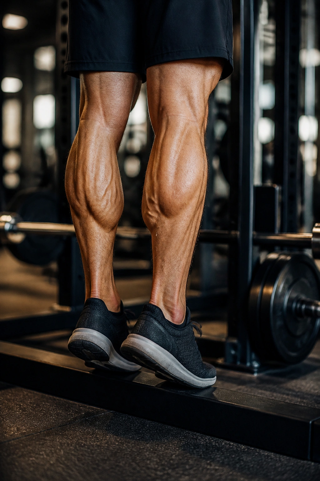 Close-up of calves during standing calf raise in gym