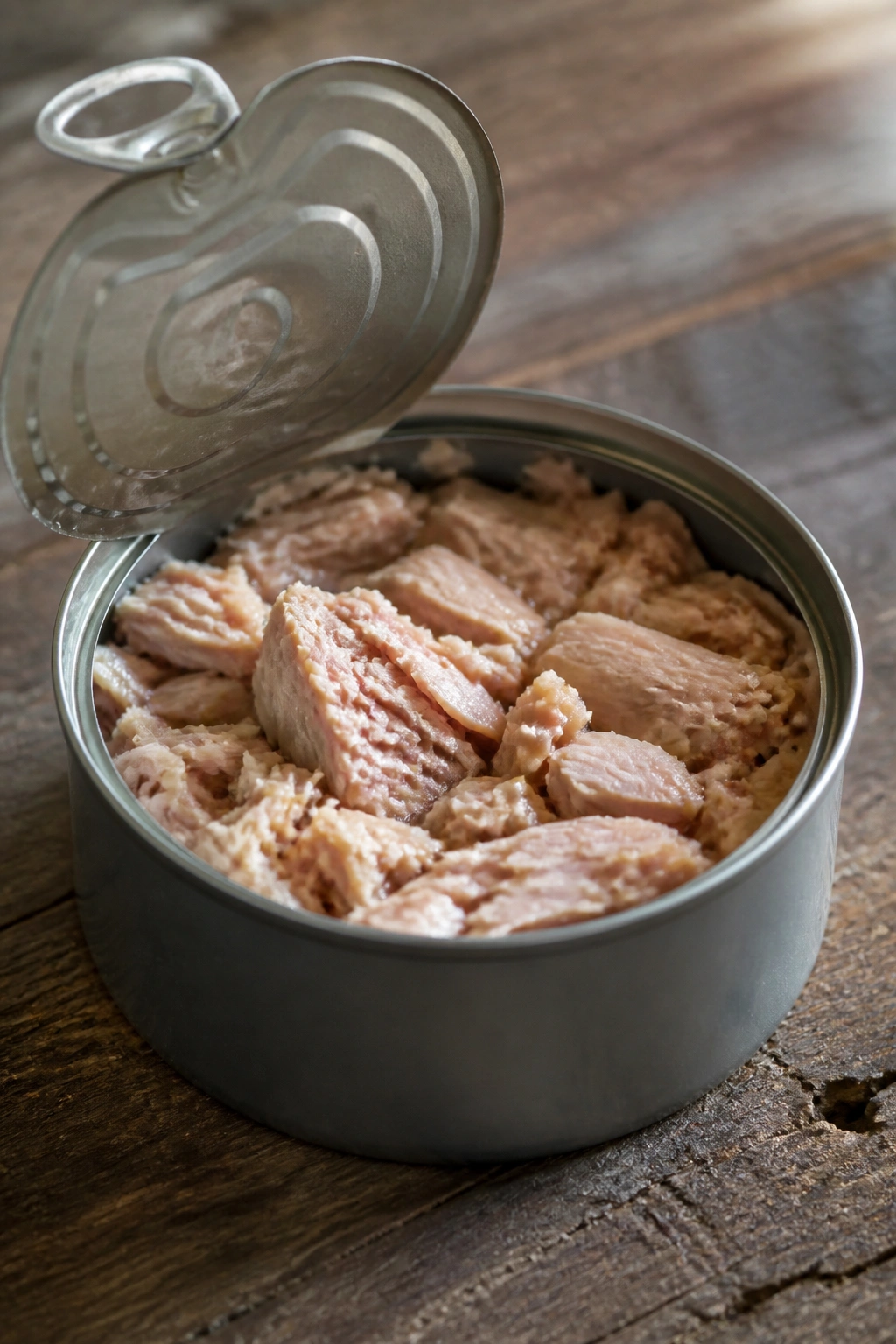 Close-up of opened canned tuna on a wooden kitchen counter