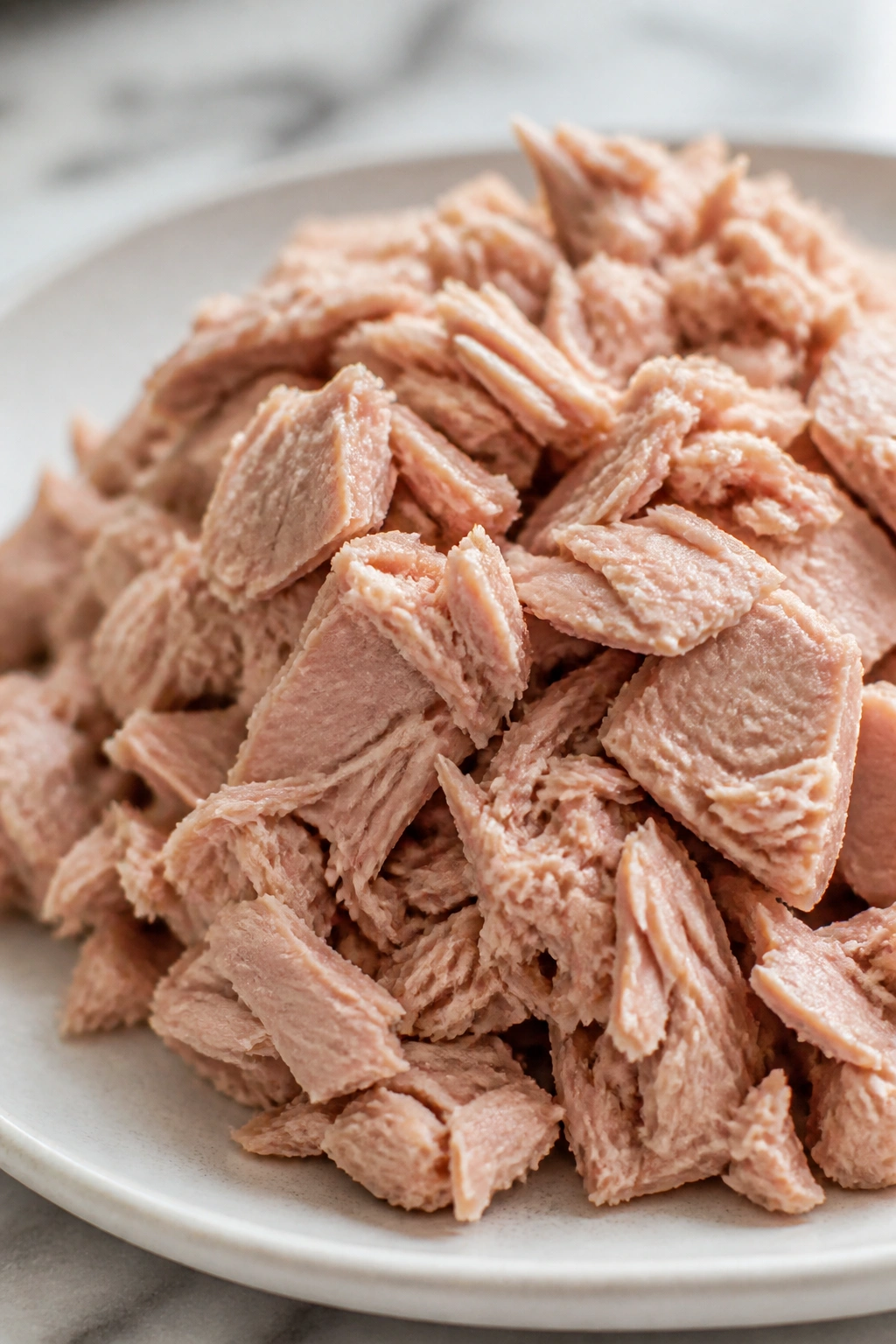 Mound of canned tuna on a plate in a bright kitchen