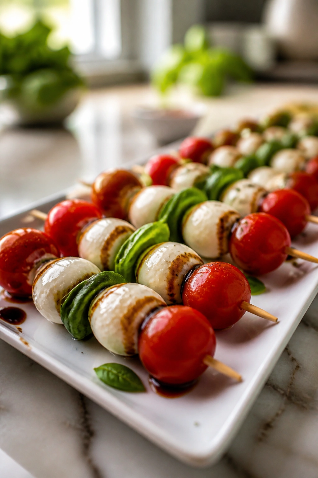 Caprese skewers with tomato, mozzarella, and basil on a platter
