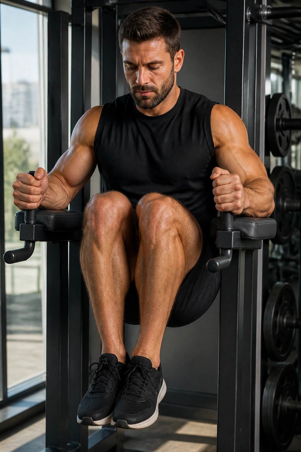 Close-up of real person performing captain’s chair knee raise with pelvic tuck in gym
