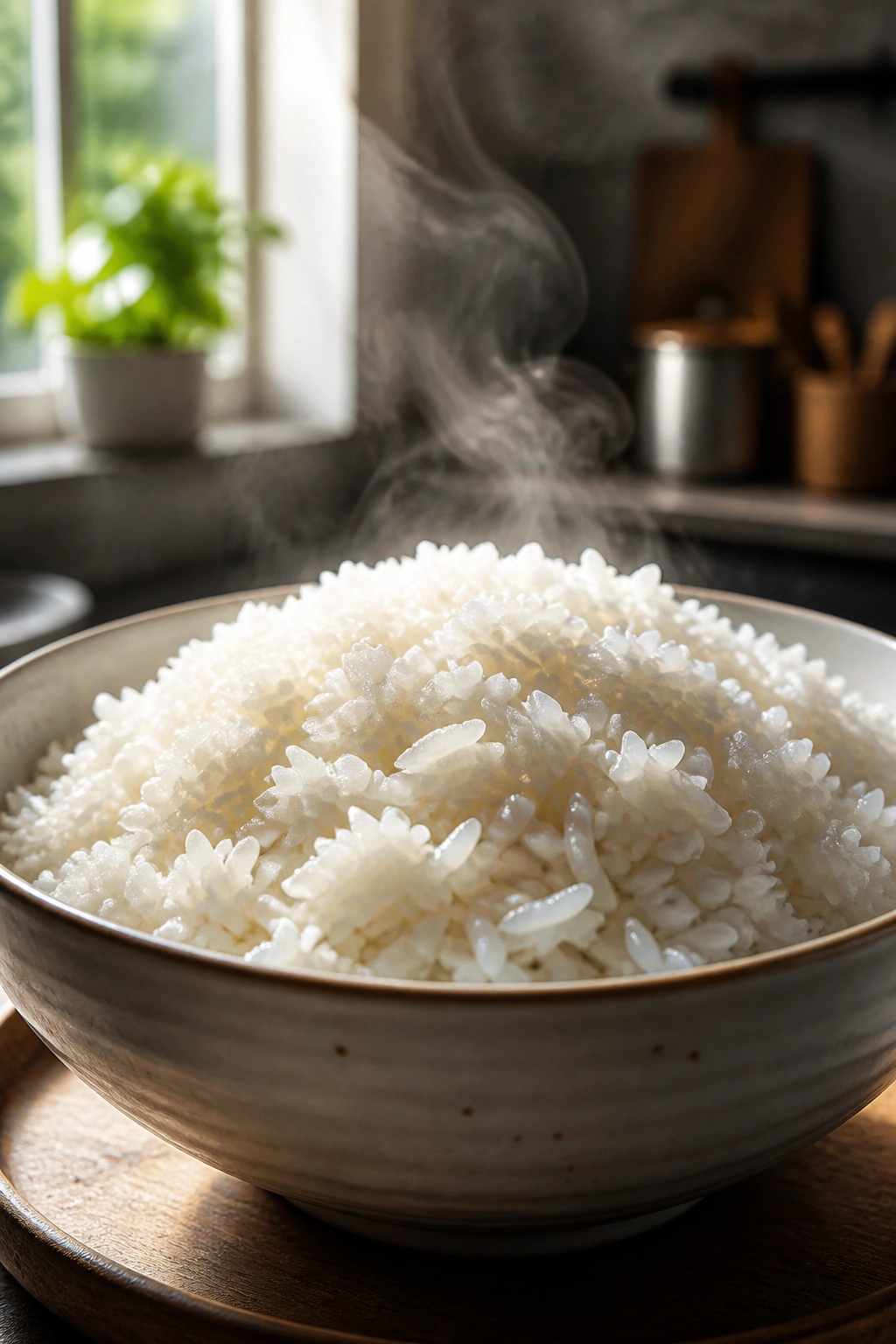 Close-up of a steaming bowl of rice as fuel to replenish glycogen stores.