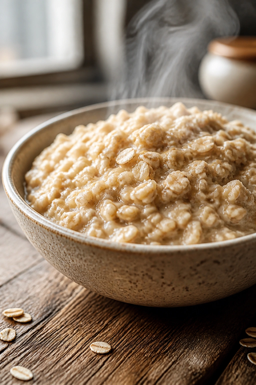Close-up of a bowl of oats highlighting carbohydrate-rich breakfast staple.