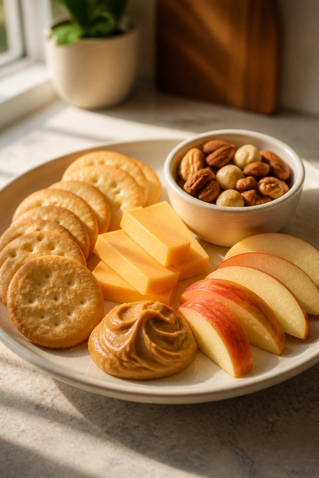 Balanced snack plate pairing crackers with cheese and apple with peanut butter