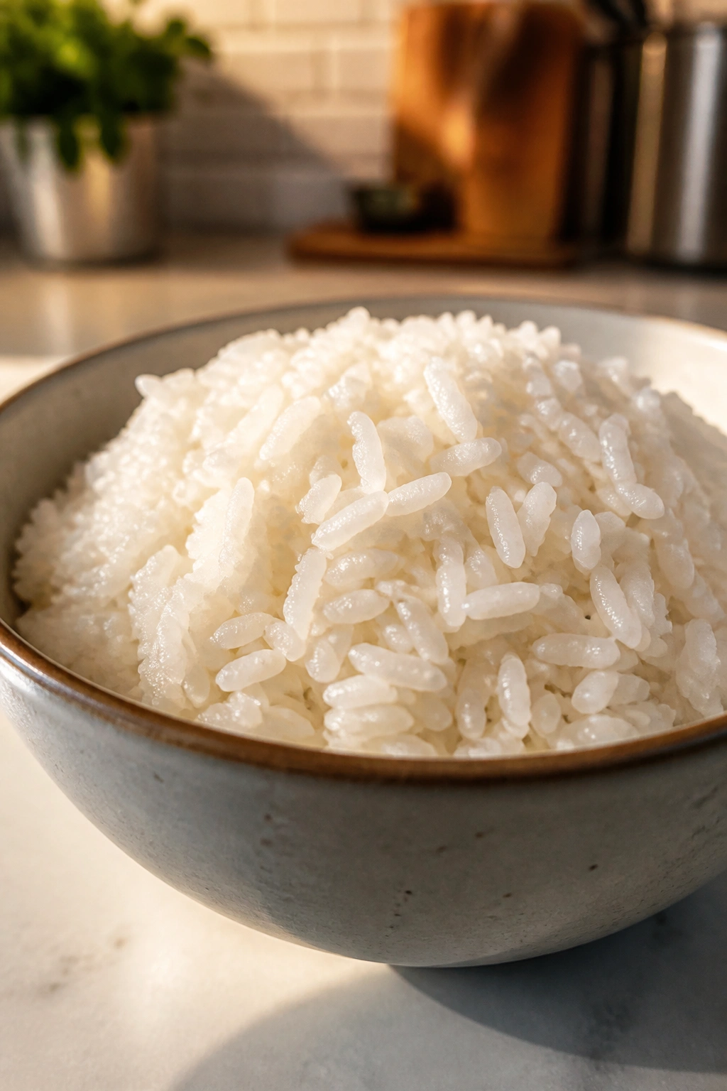 Bowl of rice dominating a plate on a kitchen counter
