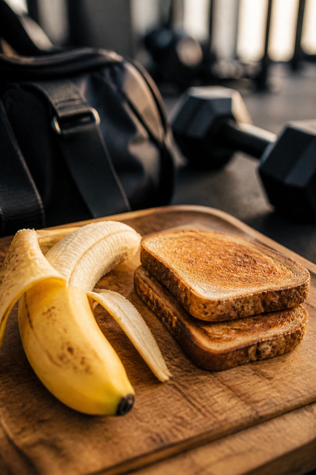 Close-up of banana and toast on a wooden board with gym background