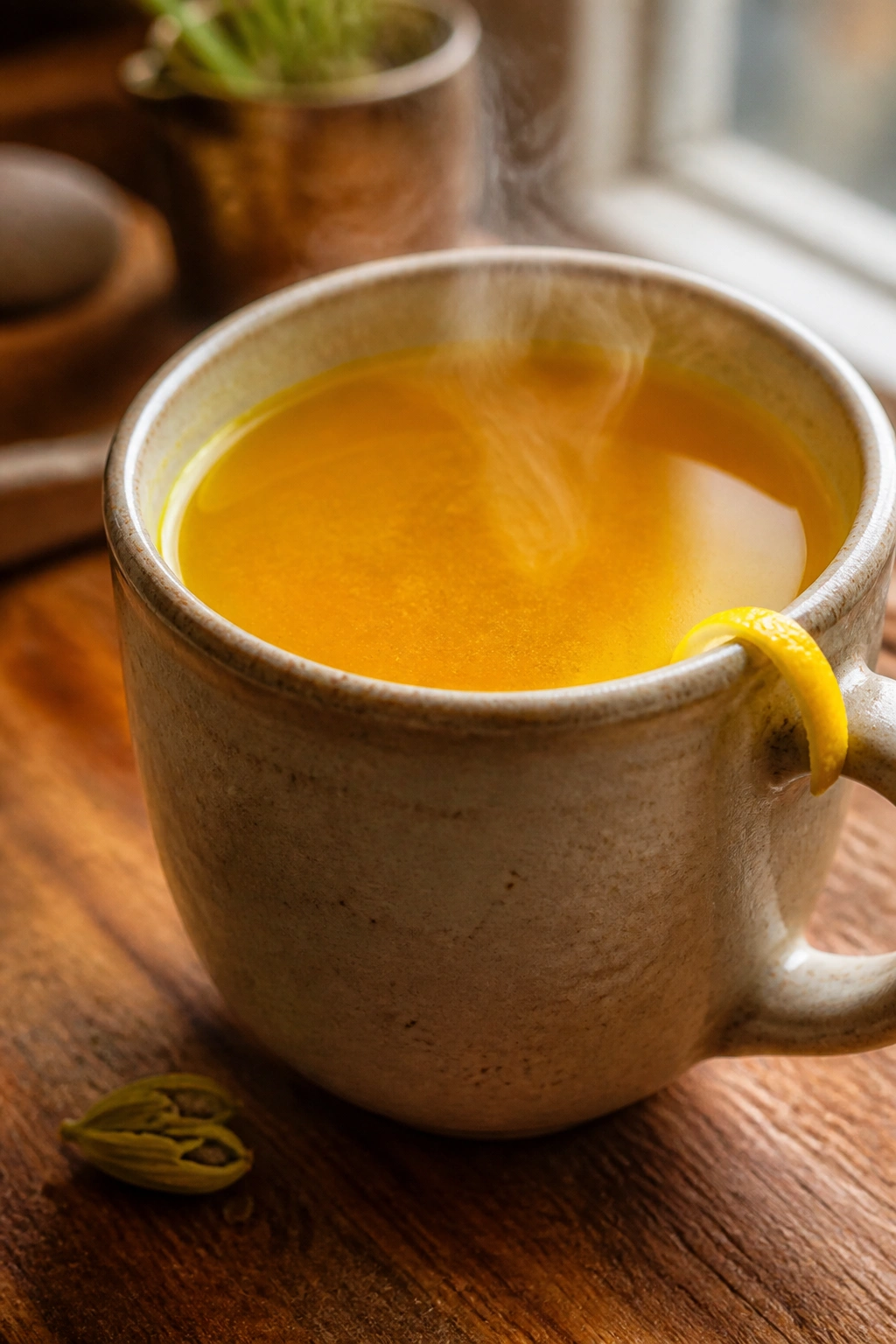 Mug of cardamom-spiced lemon ginger turmeric tea with cardamom pods nearby.