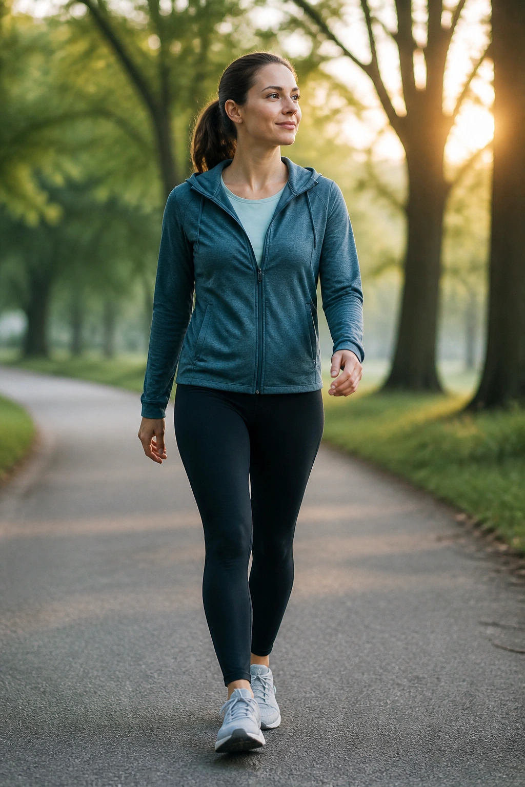 Person walking briskly in a park at dawn