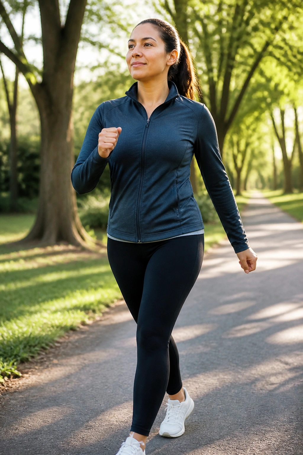 Real person walking briskly in a park for cardio base month