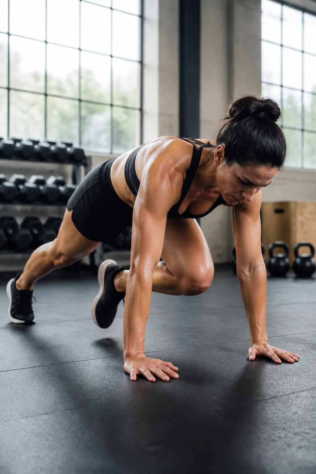 Person performing mountain climbers as part of cardio core flow in a gym