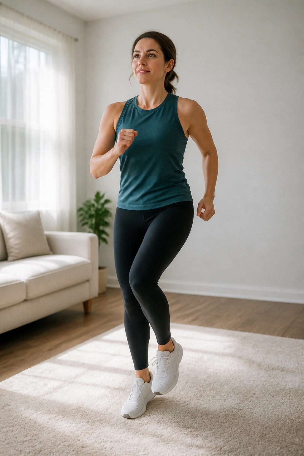 Medium-full shot of a person marching in place at home for low-impact cardio intervals.