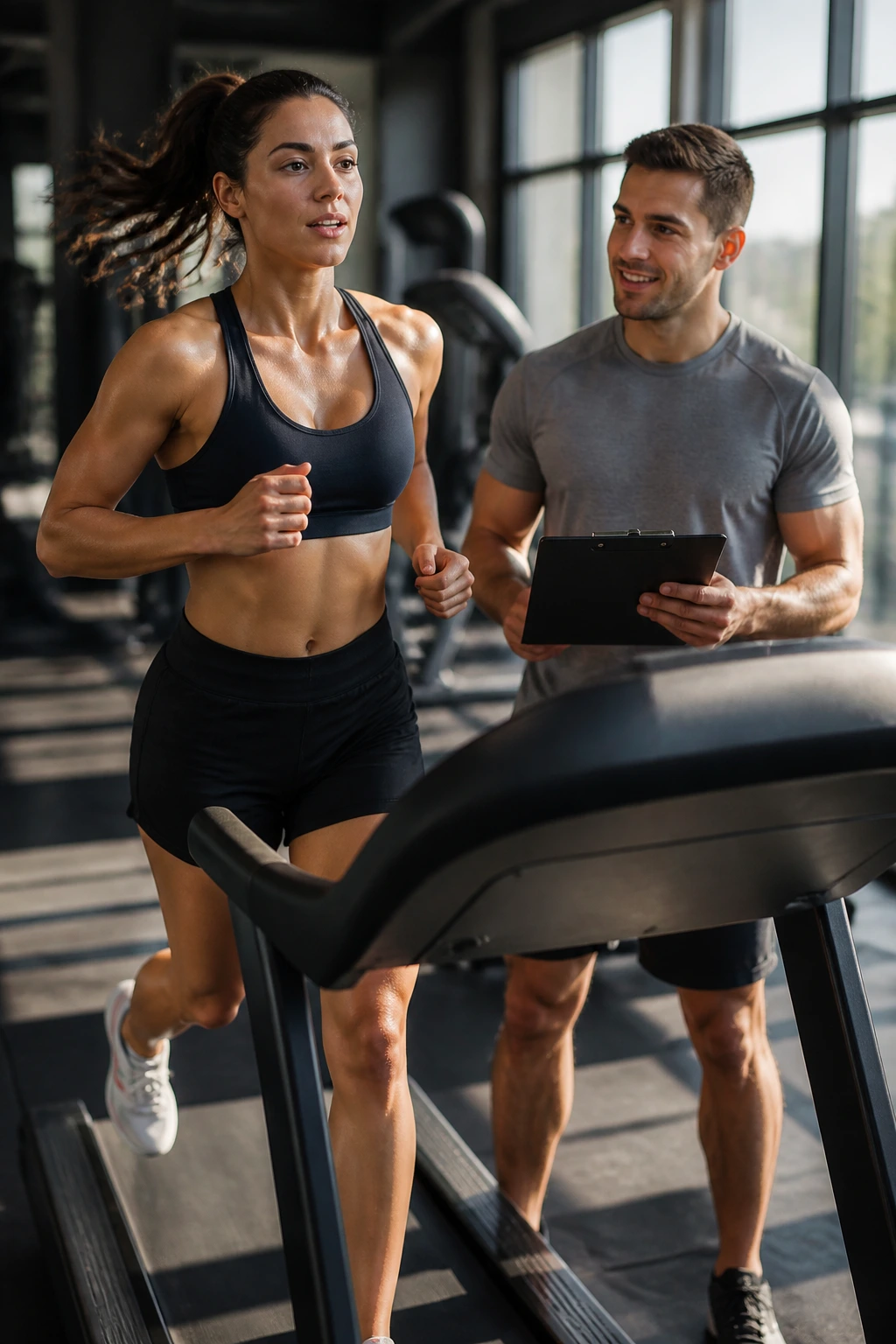 Person on treadmill with partner observing in a sunlit gym.