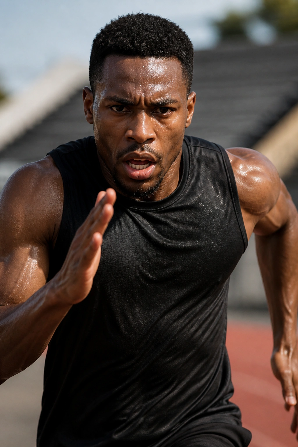 Close-up of a real runner sprinting on an outdoor track with intense cardio effort