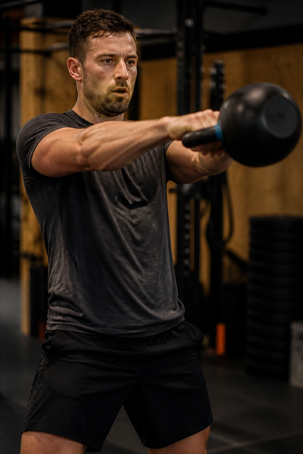 Medium close-up of a person performing kettlebell swing in a gym, showing cardio-strength effort