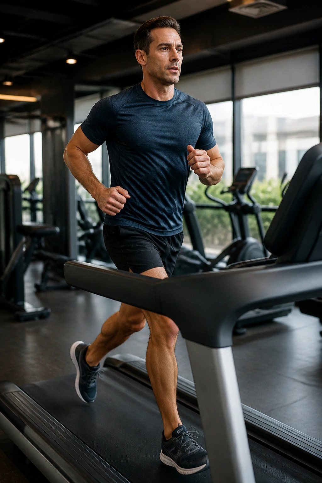 Person on treadmill in gym performing steady cardio with strides