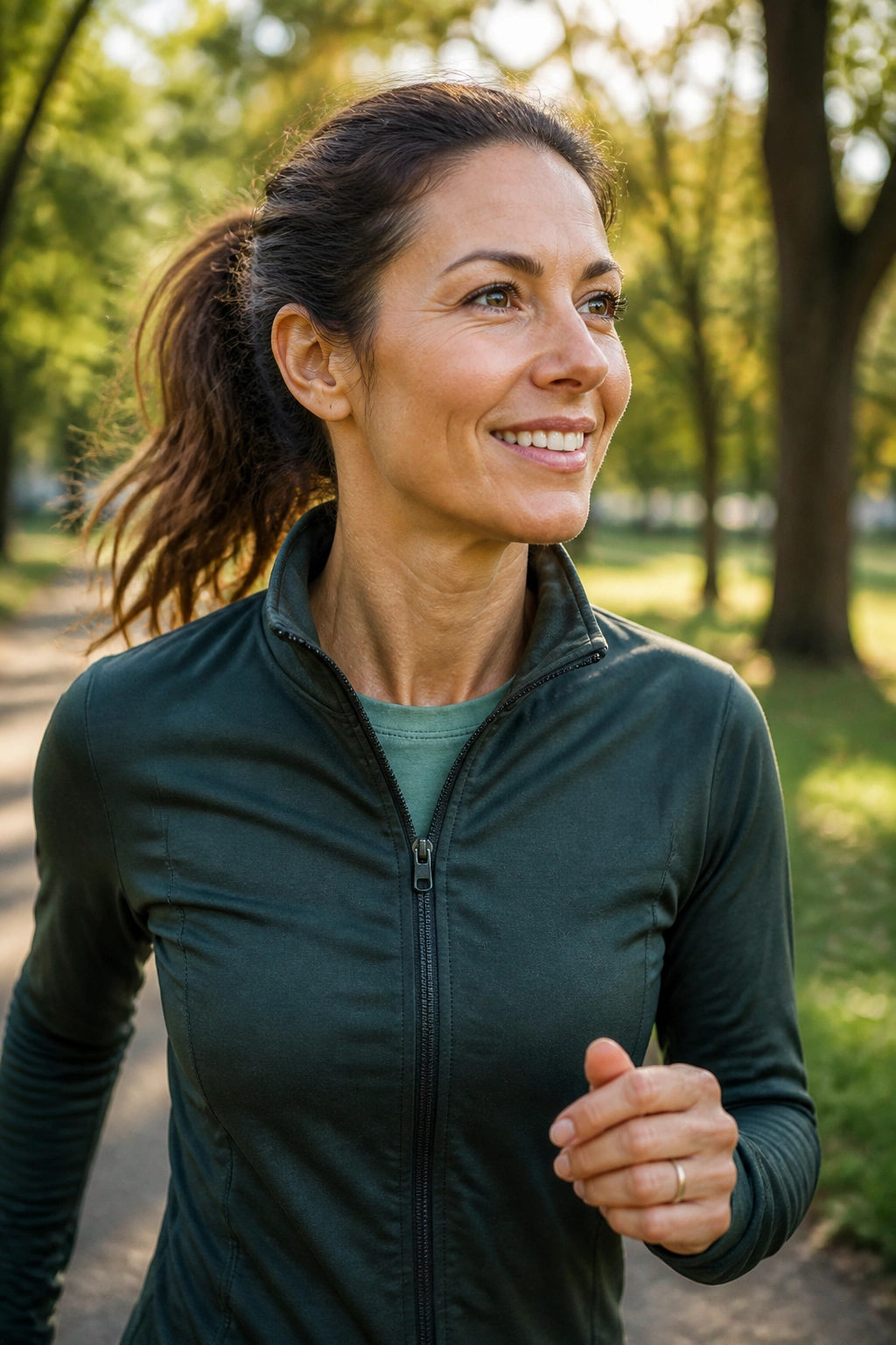 Medium close-up of a real person brisk-walking in a sunlit park, smiling and able to talk, illustrating a sustainable cardio session