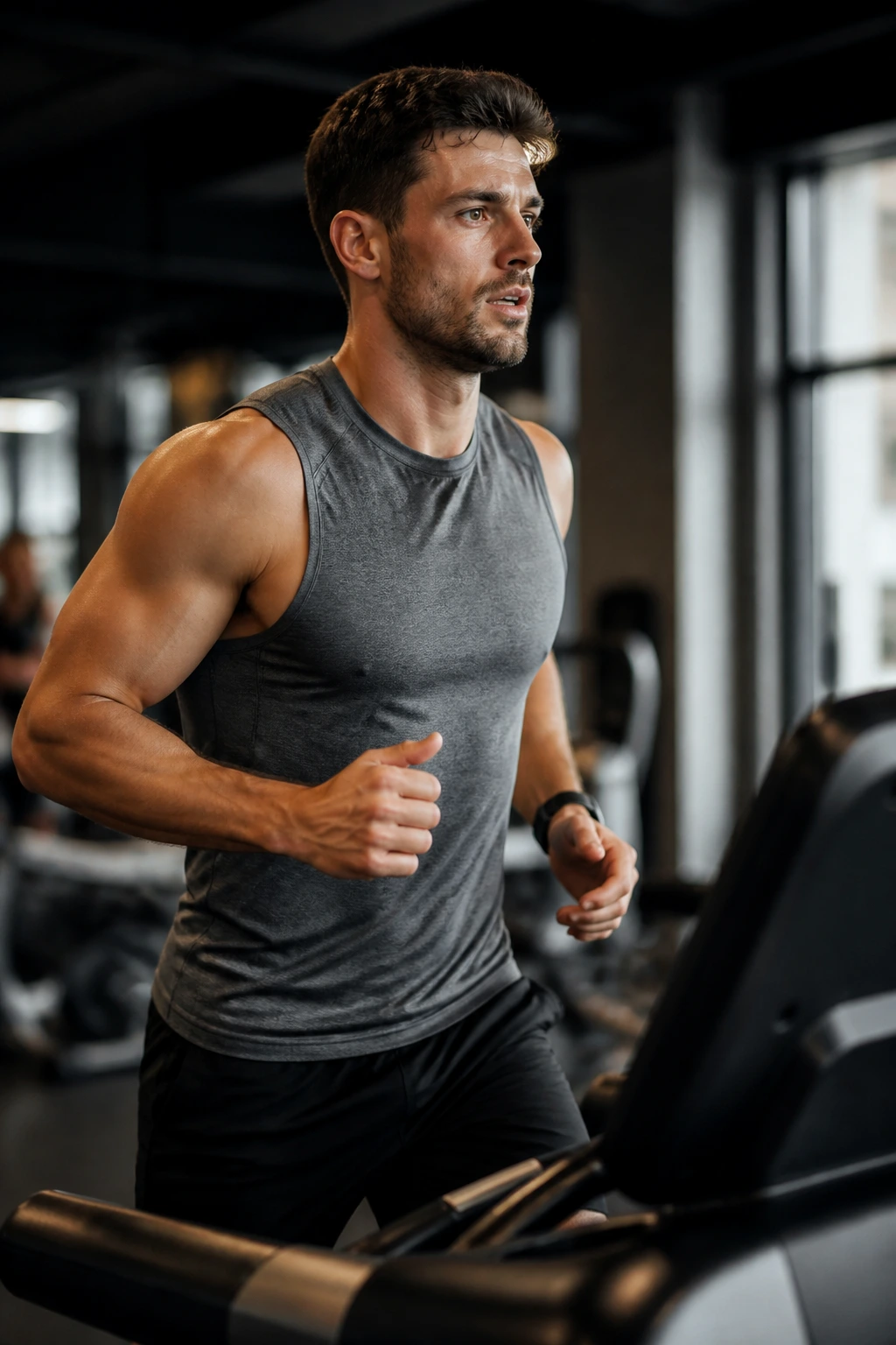 Medium close-up of a person running on a treadmill in a gym