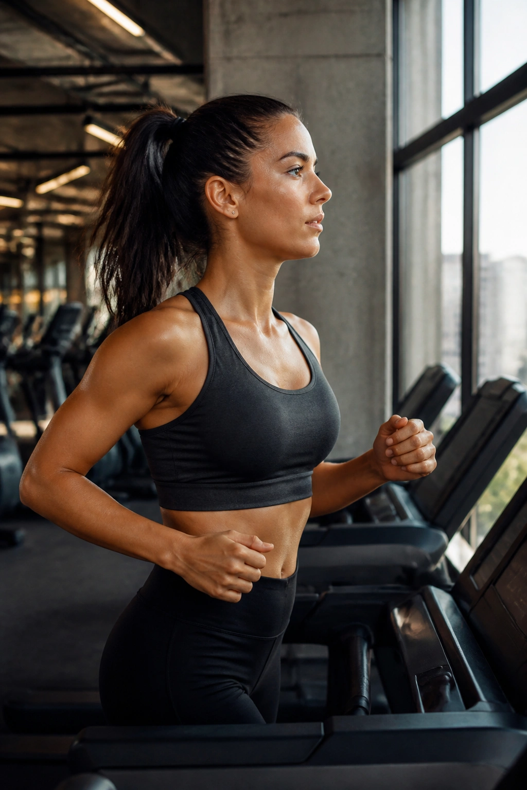 Person using a treadmill in a gym, demonstrating purposeful cardio.