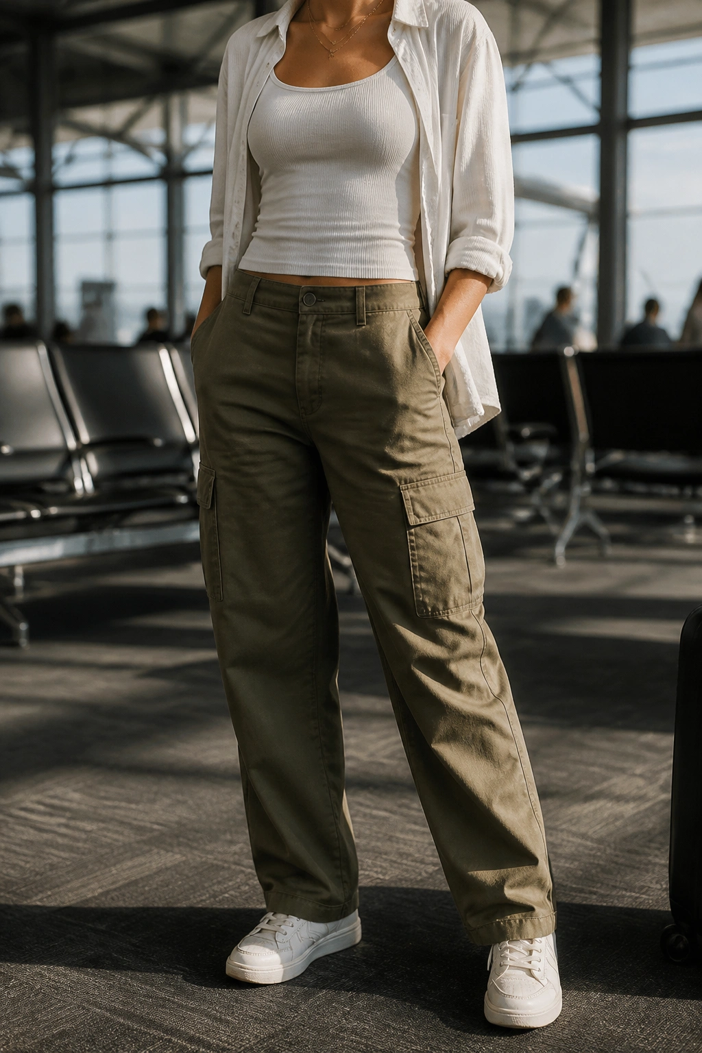 Traveler in cargo pants with fitted tank and overshirt in an airport terminal