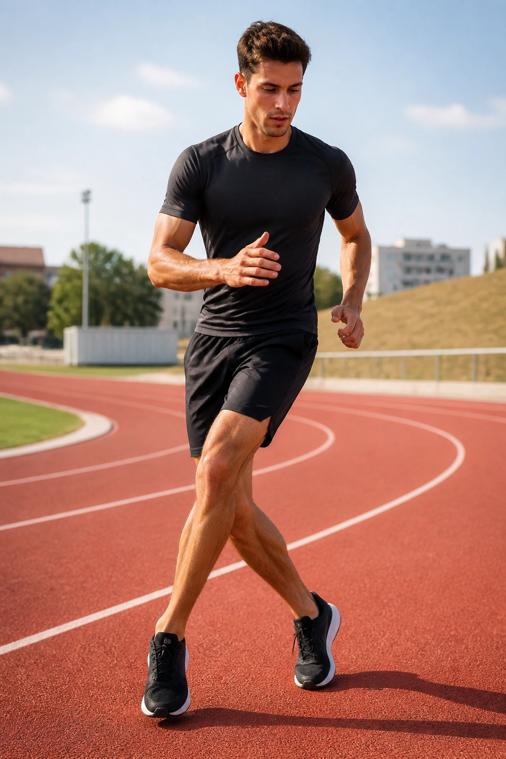 Mid-action shot of a real athlete performing carioca drill on track