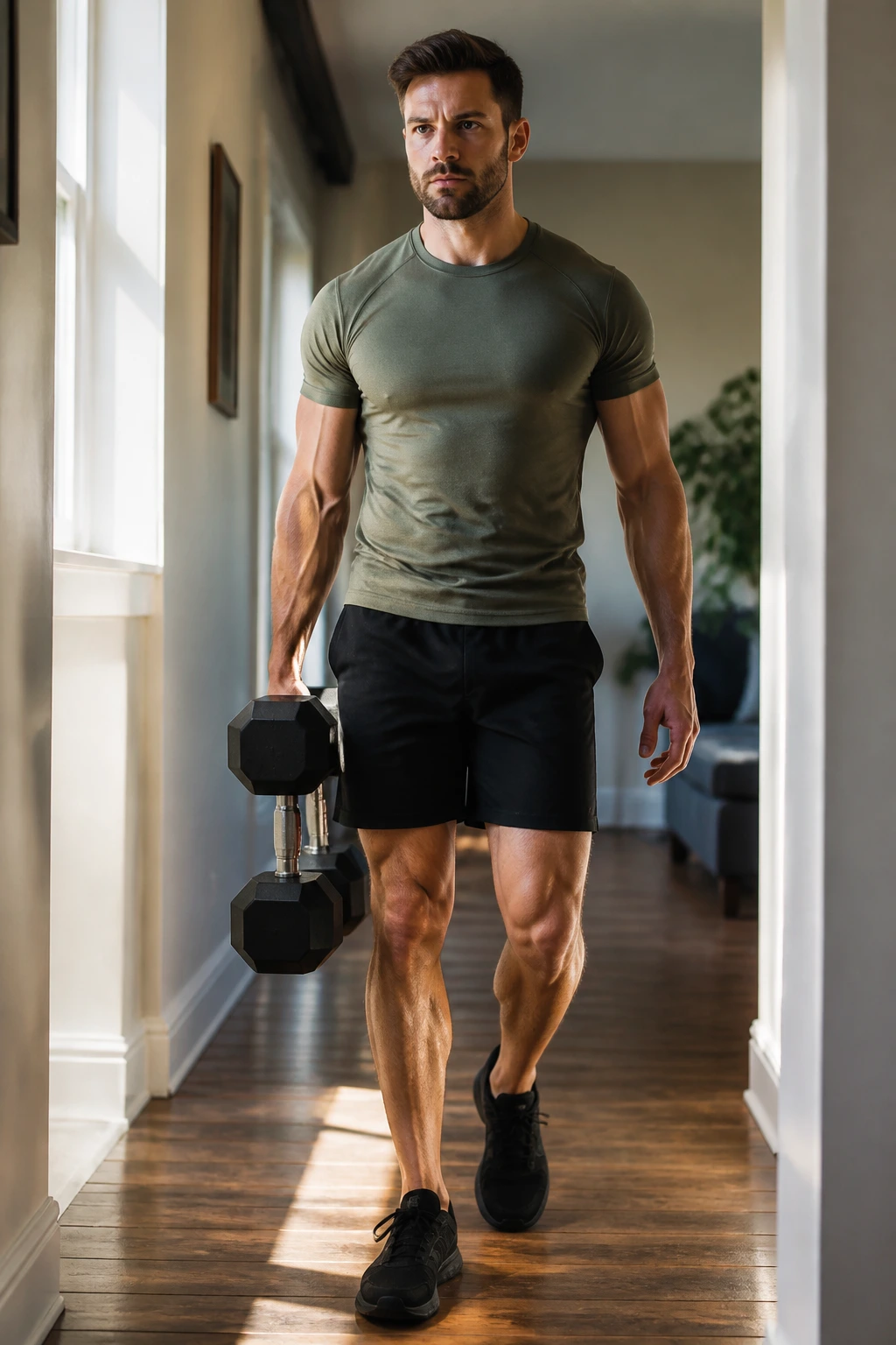 Person carrying a dumbbell during suitcase carry in home hallway