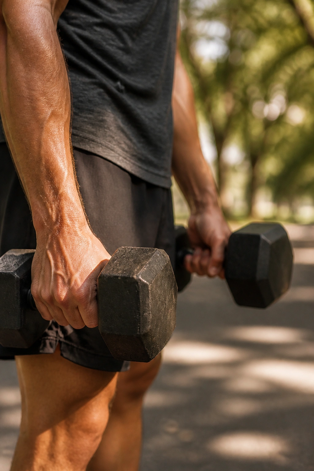 Close-up of hands gripping heavy dumbbells during a carry outdoors, forearms tense.