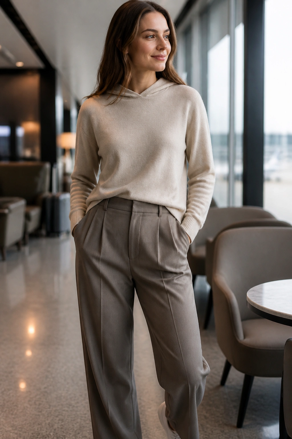 Real person wearing slim cashmere hoodie with pleated trousers in an airport lounge