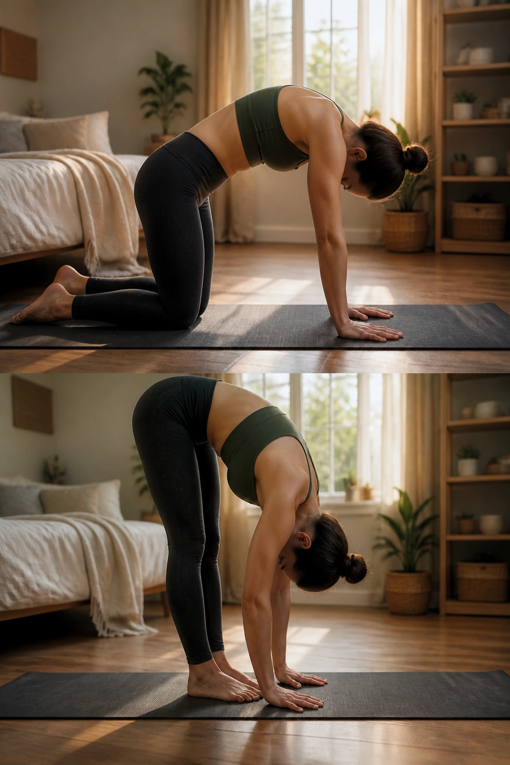 Person performing cat-cow and forward fold for morning spine wake-up.
