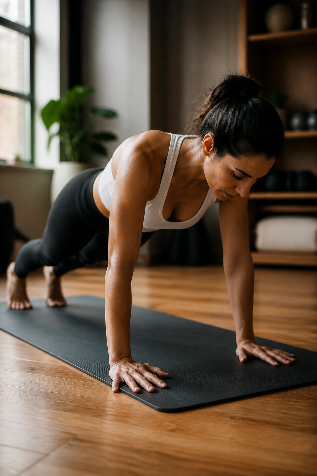 Person in tabletop transitioning to plank, showing spine movement in a cozy home space