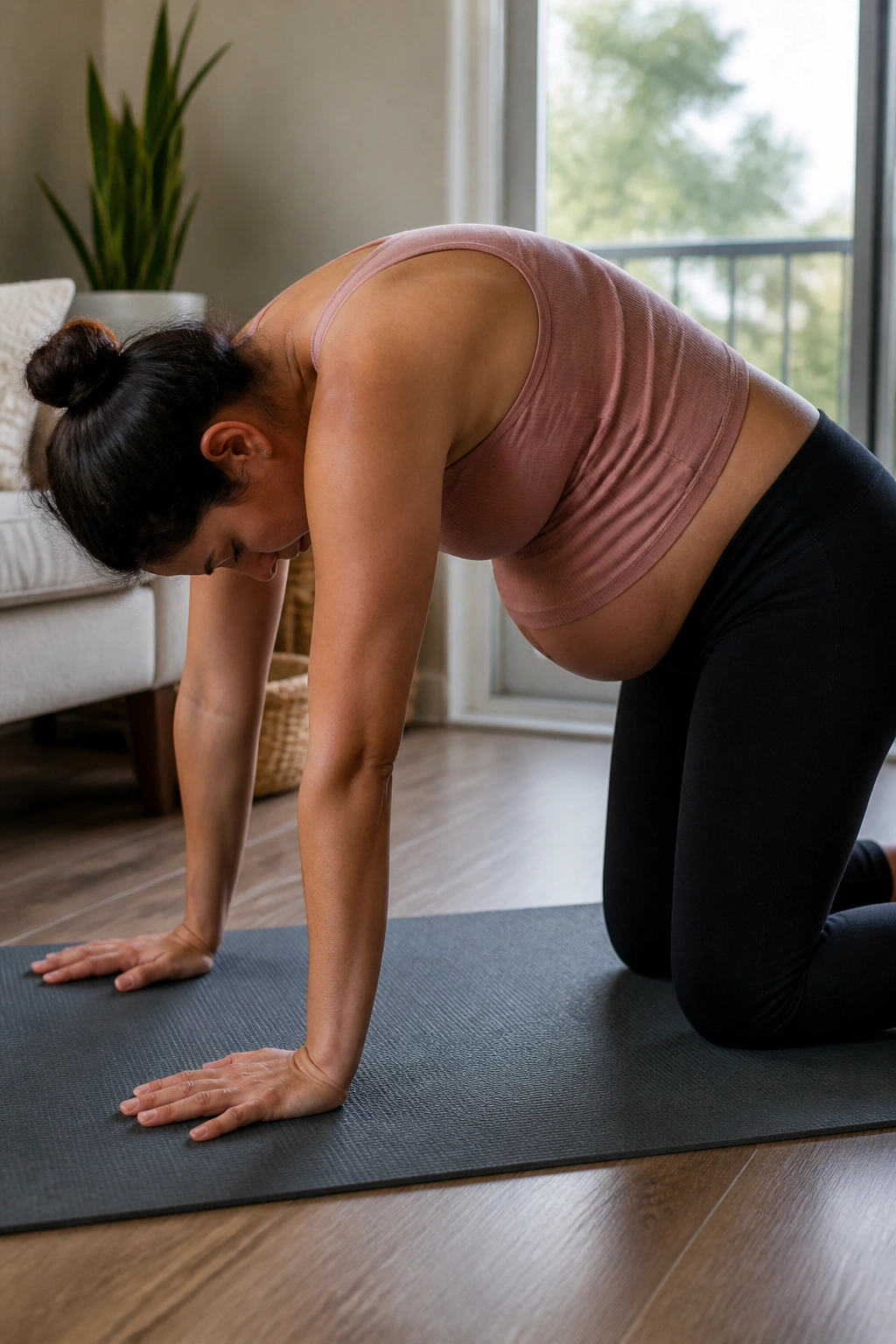 Pregnant person performing cat-cow movements on hands and knees, showing arch and rounding of spine.