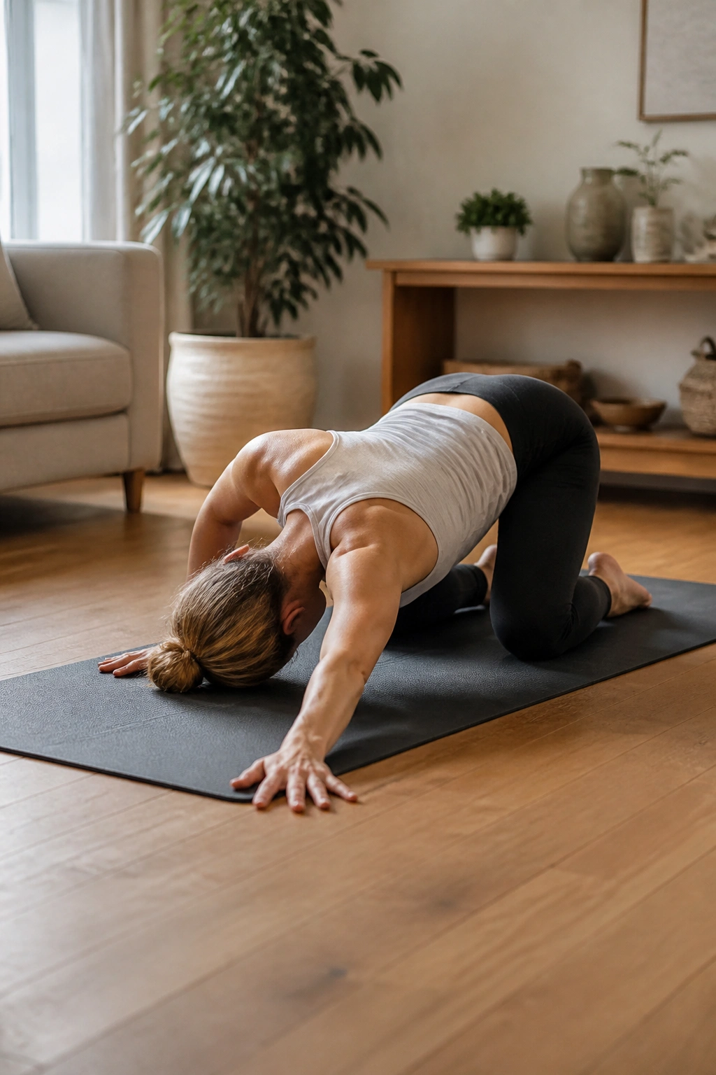 Hands-and-knees pose transitioning from cat-cow into thread-the-needle on a yoga mat