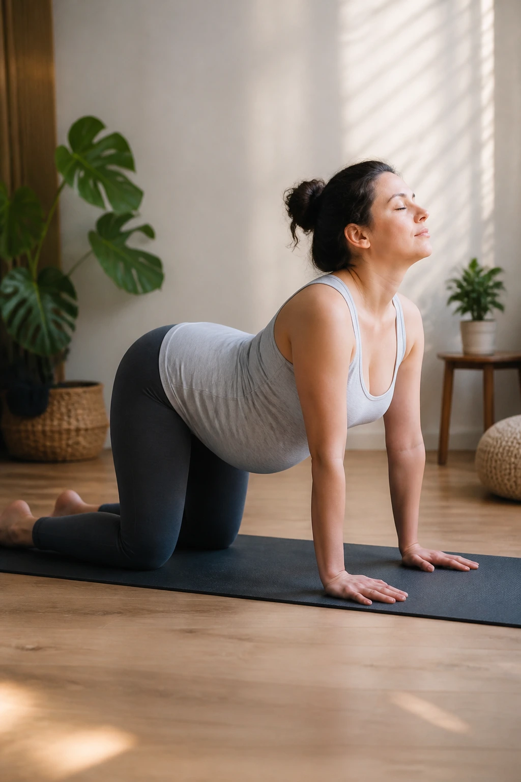 Real woman performing cat-cow with hip circles in a cozy home workout space.