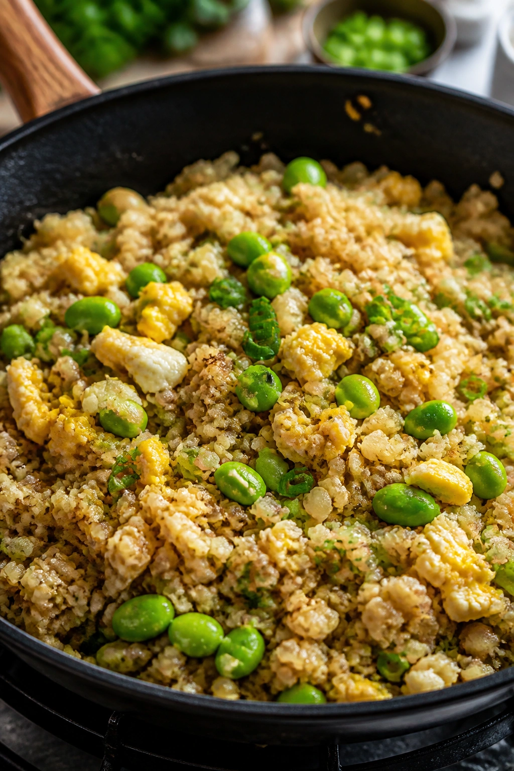 Close-up of cauliflower fried rice with egg and edamame in a skillet