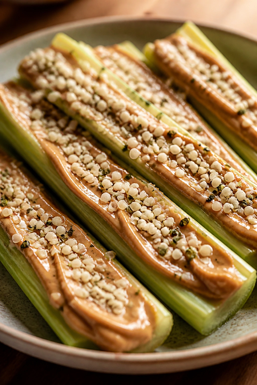 Celery sticks with almond butter and hemp seeds on plate