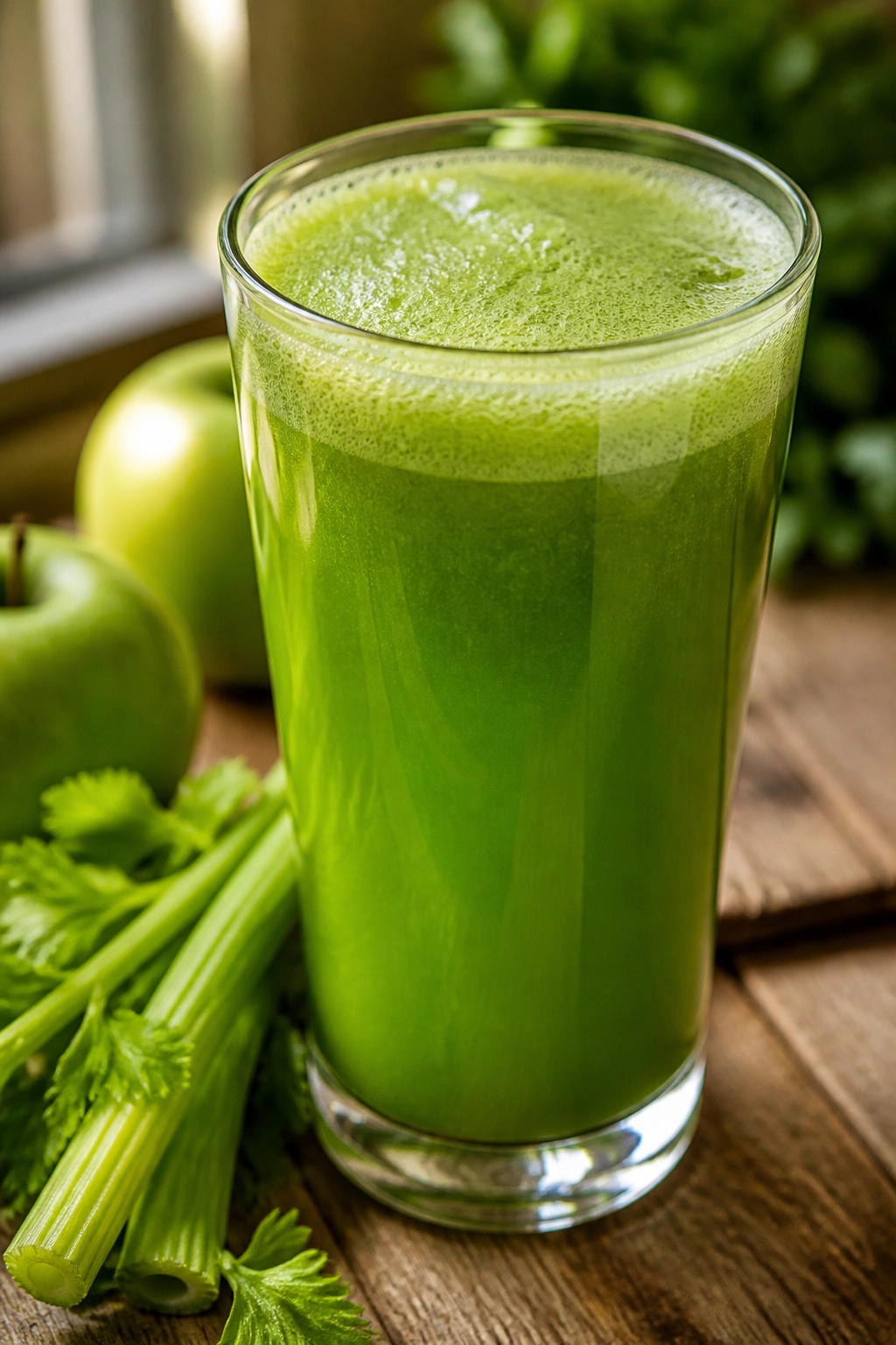 Close-up of a glass of Celery Apple Juice on a wooden counter, vibrant green color.