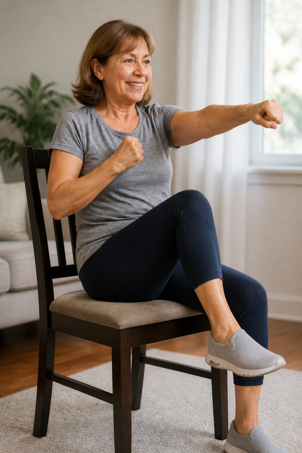 Real person doing seated chair aerobics on a sturdy chair in a bright room