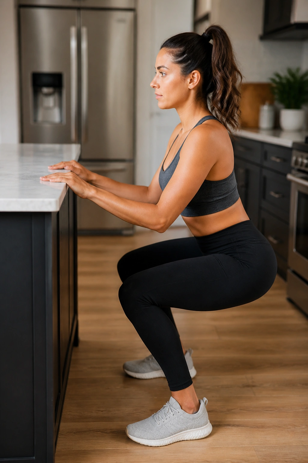 Medium close-up of a person performing a chair-assisted squat with fingertips on a counter