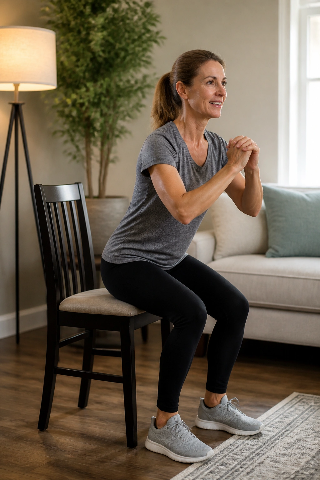 Person doing chair-assisted sit-to-stands in a home living room