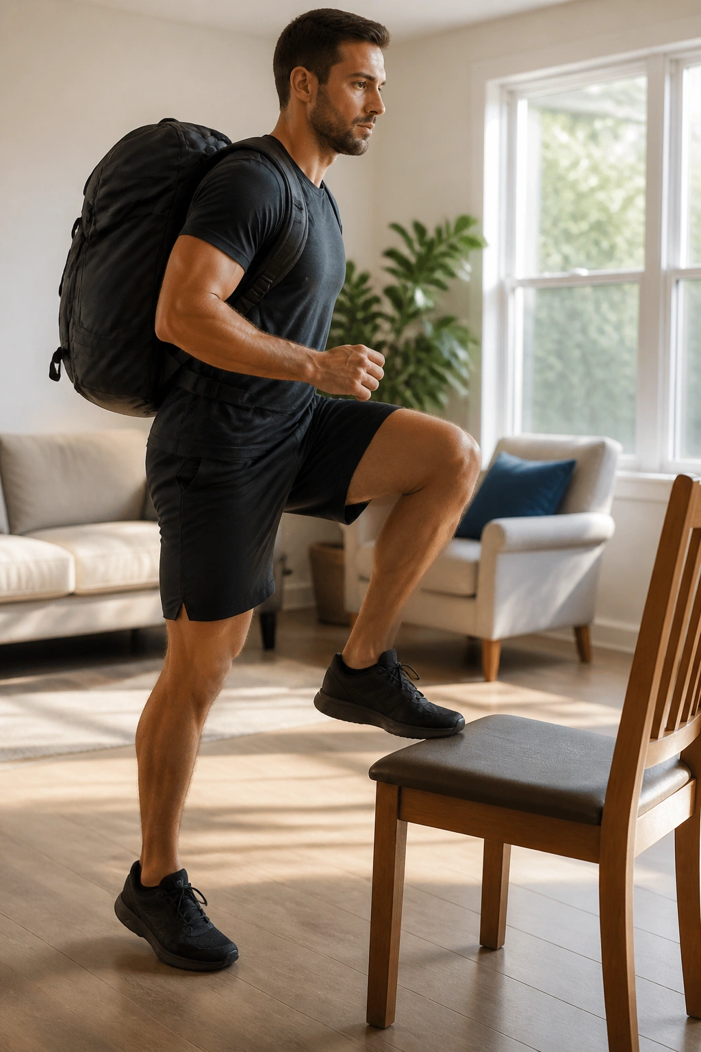 Person performing chair step-ups with backpack in a bright home setting