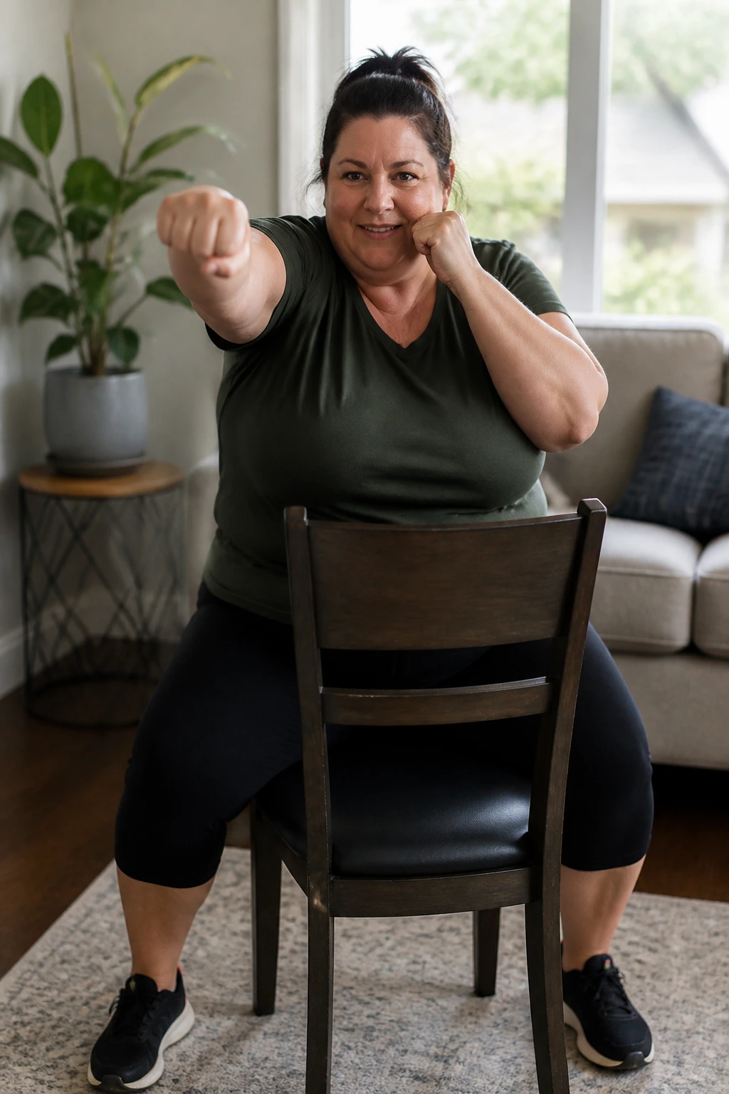 Person performing chair boxing workout in a home setting with a chair behind.