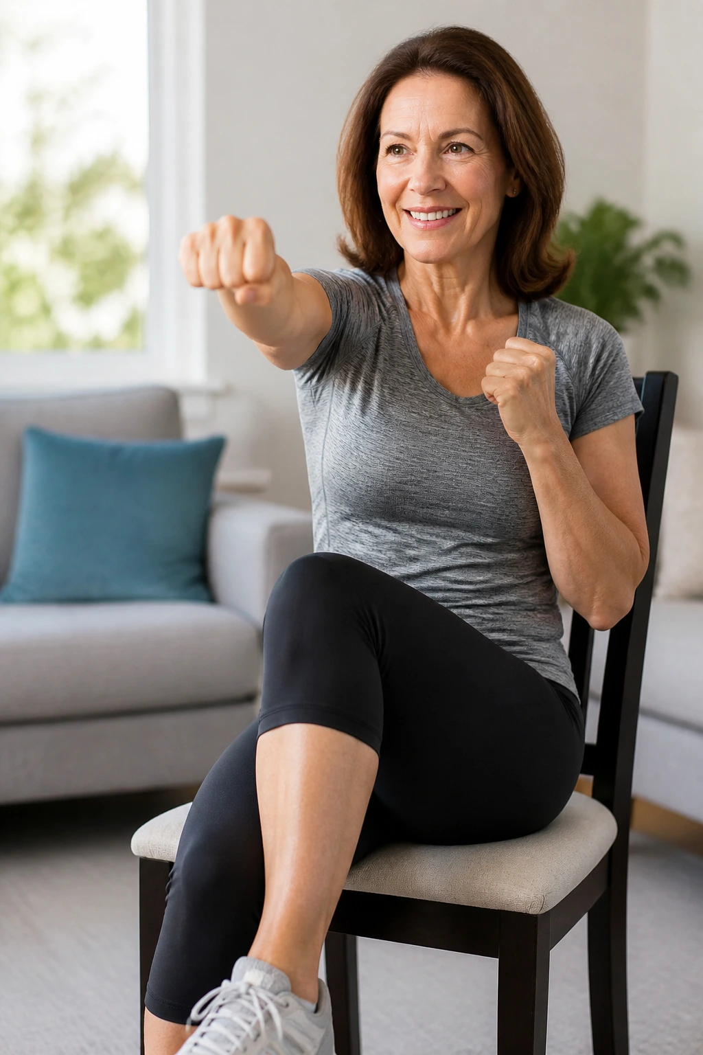 Person seated on a sturdy chair performing seated cardio in a home setting