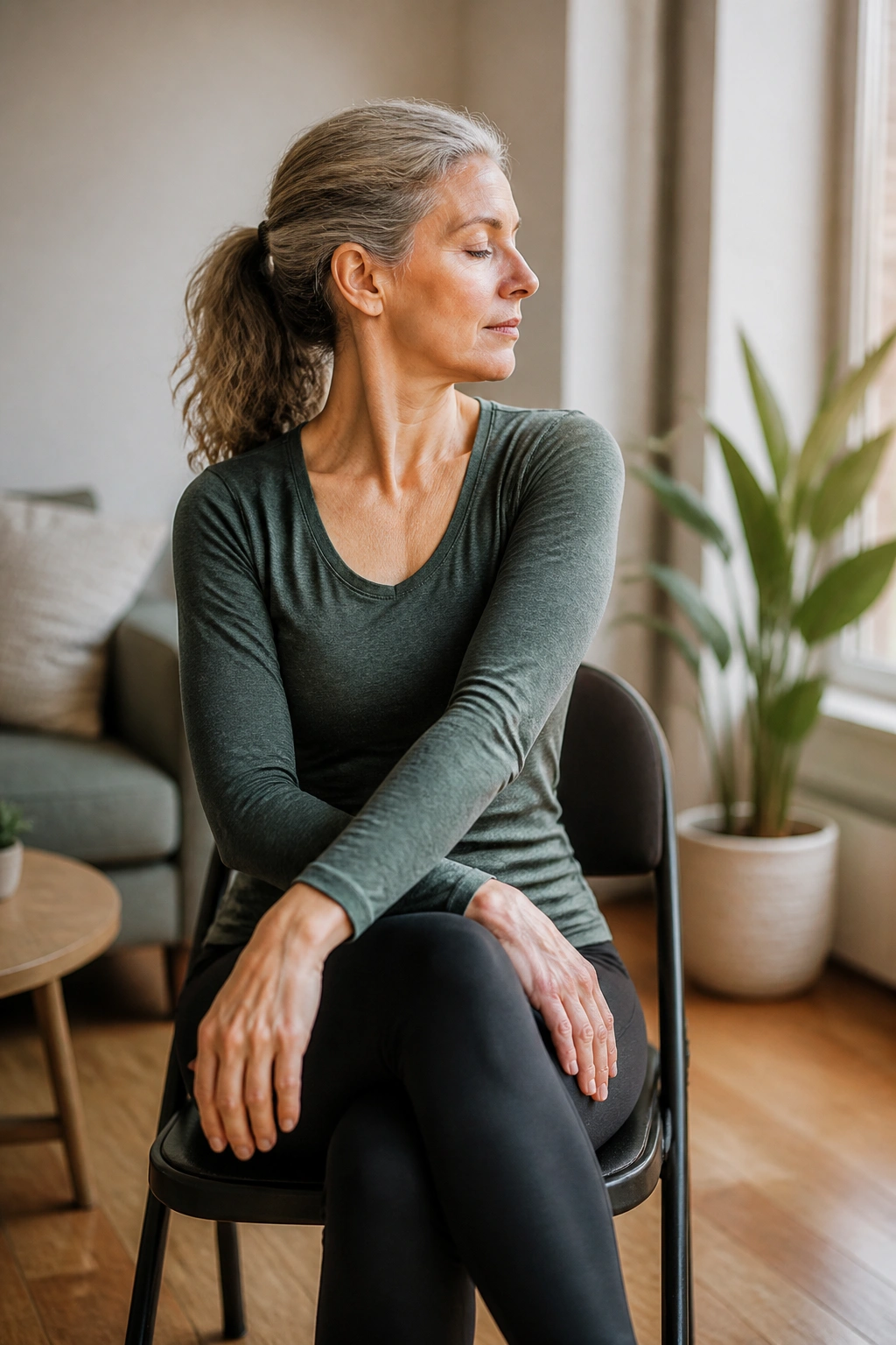 Person seated in chair performing chair cooldown movements