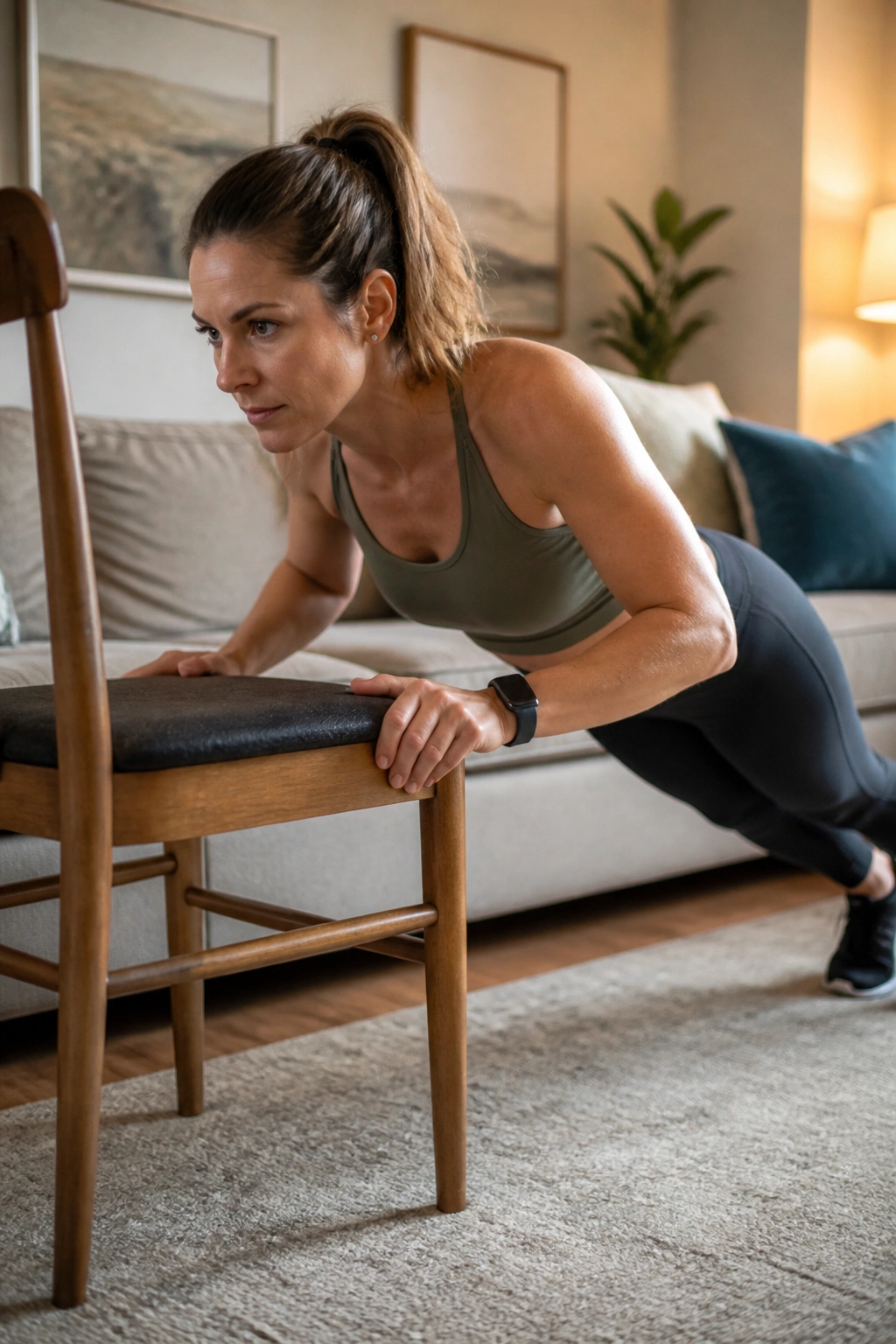 Person performing elevated chair push-ups in a living room using a sturdy chair.