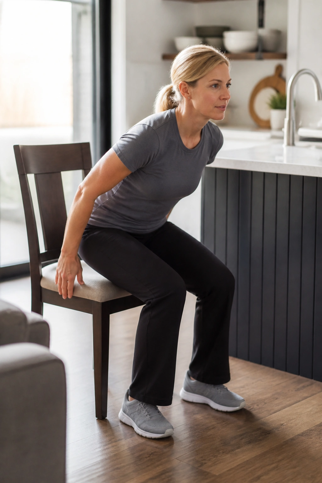 Medium close-up of a person performing a sit-to-stand from a chair by a countertop