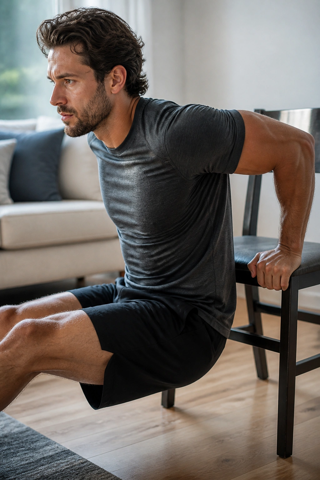 Person performing chair dips in a living room