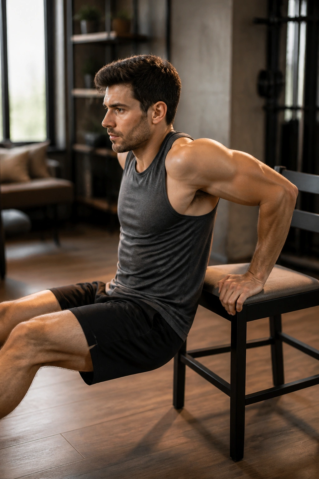 Person performing chair dips at a sturdy chair in a home gym, triceps engaged