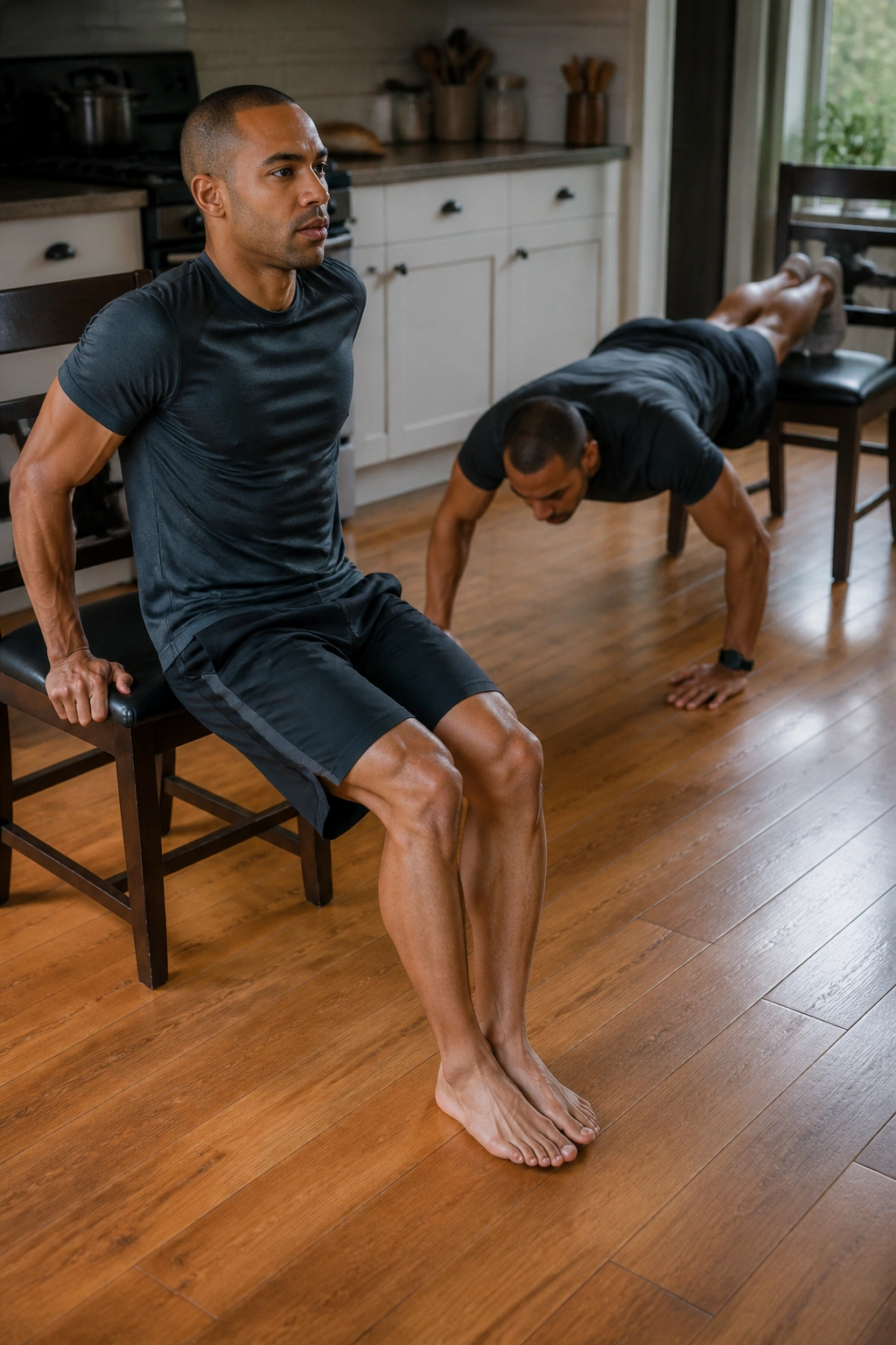 Close-up of a person performing chair dips with feet on a chair in a home kitchen